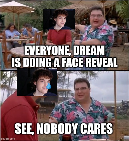 Bruh | EVERYONE, DREAM IS DOING A FACE REVEAL; SEE, NOBODY CARES | image tagged in memes,see nobody cares | made w/ Imgflip meme maker