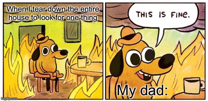 Dads are always just chill | When I tear down the entire house to look for one thing; My dad: | image tagged in memes,this is fine,funny,fun,hilarious | made w/ Imgflip meme maker
