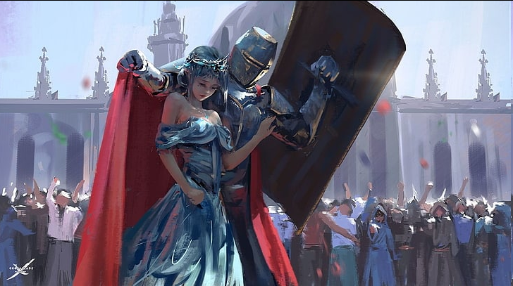 Knight protecting lady Blank Meme Template