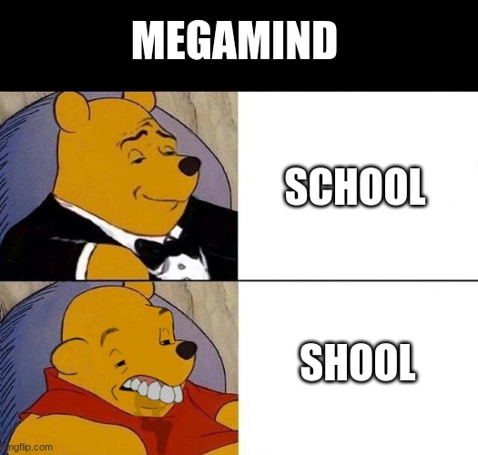 E | MEGAMIND; SCHOOL; SHOOL | image tagged in tuxedo winnie the pooh grossed reverse | made w/ Imgflip meme maker