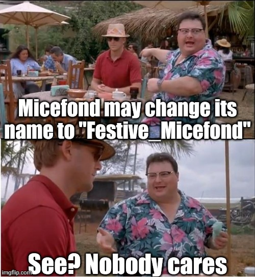 Change to "Festive Micefond"? | Micefond may change its name to "Festive_Micefond"; See? Nobody cares | image tagged in memes,see nobody cares,funny,christmas,merry christmas | made w/ Imgflip meme maker