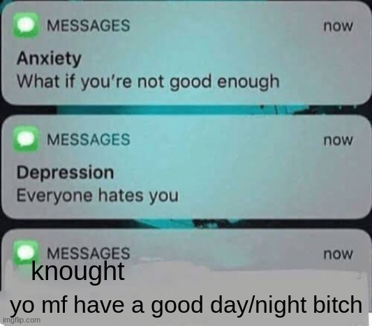 passive agressive positivity | knought; yo mf have a good day/night bitch | image tagged in anxiety/depression texts | made w/ Imgflip meme maker
