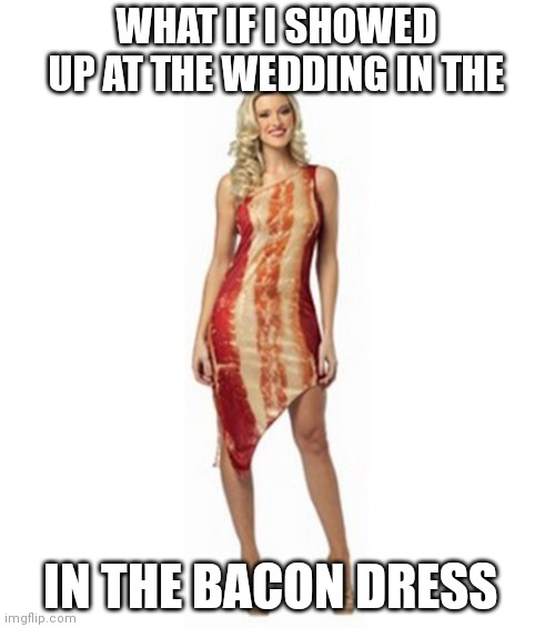 new lady gaga right here | WHAT IF I SHOWED UP AT THE WEDDING IN THE; IN THE BACON DRESS | image tagged in meme | made w/ Imgflip meme maker