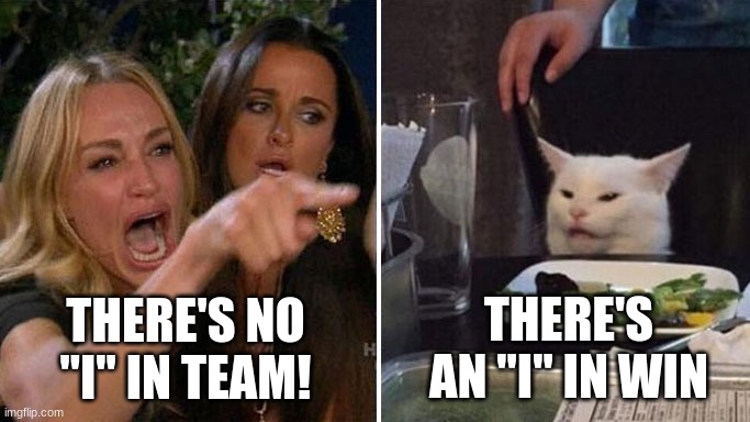 True story |  THERE'S NO "I" IN TEAM! THERE'S AN "I" IN WIN | image tagged in angry lady cat | made w/ Imgflip meme maker