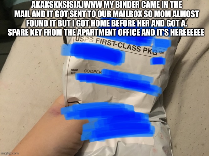 AKAKSKKSISJAJWNW MY BINDER CAME IN THE MAIL AND IT GOT SENT TO OUR MAILBOX SO MOM ALMOST FOUND IT BUT I GOT HOME BEFORE HER AND GOT A. SPARE KEY FROM THE APARTMENT OFFICE AND IT’S HEREEEEEE | made w/ Imgflip meme maker