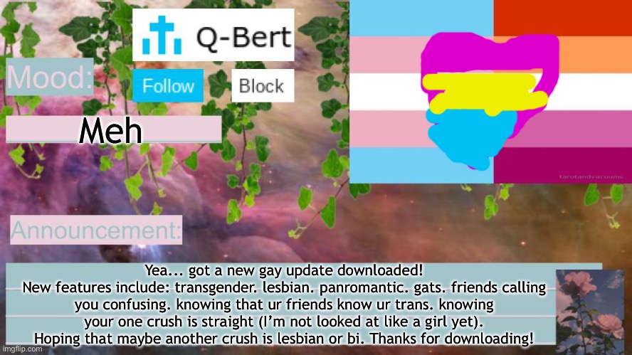 Mikayla Update 14.1 | Meh; Yea... got a new gay update downloaded!
New features include: transgender. lesbian. panromantic. gats. friends calling you confusing. knowing that ur friends know ur trans. knowing your one crush is straight (I’m not looked at like a girl yet). Hoping that maybe another crush is lesbian or bi. Thanks for downloading! | image tagged in mikayla update | made w/ Imgflip meme maker
