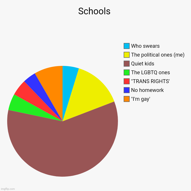 Schools | "I'm gay', No homework , "TRANS RIGHTS', The LGBTQ ones, Quiet kids, The political ones (me), Who swears | image tagged in charts,pie charts | made w/ Imgflip chart maker