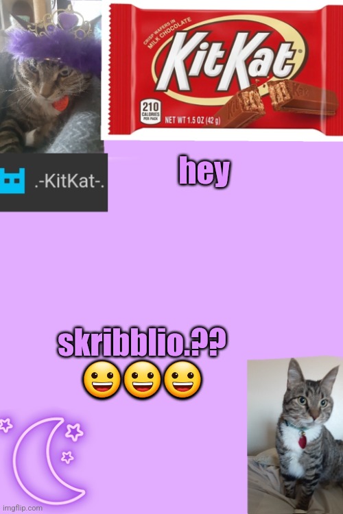 Kittys announcement template kitkat addition | hey; skribblio.?? 😀😀😀 | image tagged in kittys announcement template kitkat addition | made w/ Imgflip meme maker