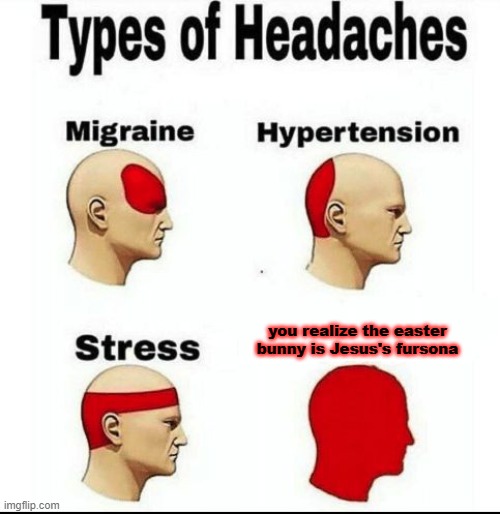 Types of Headaches meme | you realize the easter bunny is Jesus's fursona | image tagged in types of headaches meme | made w/ Imgflip meme maker