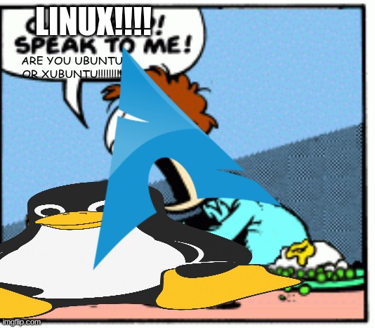 Average arch linux user | LINUX!!!! ARE YOU UBUNTU OR XUBUNTU!!!!!!!!! | image tagged in garfield deflated,garfield,linux,tux | made w/ Imgflip meme maker