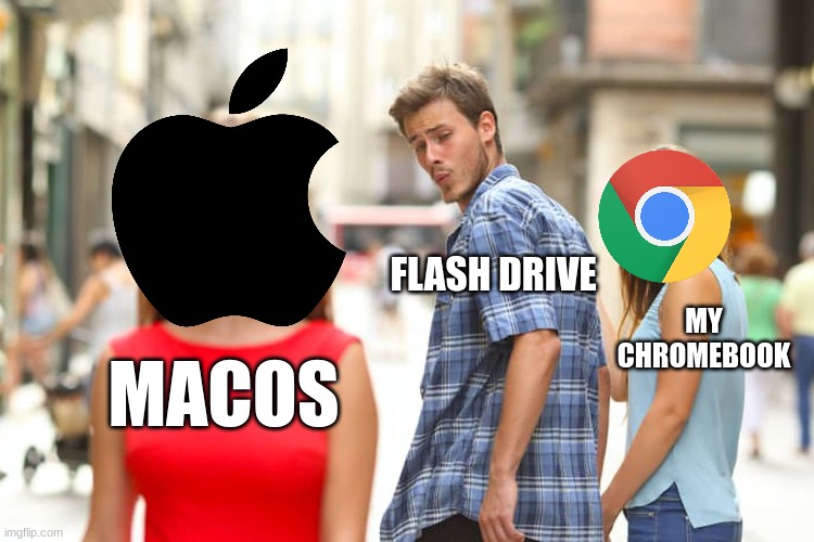 hey dude your supposed to run my windows 11 instayl wAAAAAAAA | FLASH DRIVE; MY CHROMEBOOK; MACOS | image tagged in memes,distracted boyfriend,windows 10,windows,mac os,apple | made w/ Imgflip meme maker