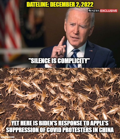 Stupid or Liar? | DATELINE: DECEMBER 2, 2022; "SILENCE IS COMPLICITY"; YET HERE IS BIDEN'S RESPONSE TO APPLE'S SUPPRESSION OF COVID PROTESTERS IN CHINA | image tagged in joe biden,democrats,liberals,woke,liars,virtue signalling | made w/ Imgflip meme maker