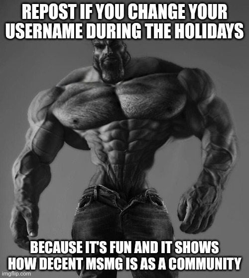 And holiday spirit n shit | REPOST IF YOU CHANGE YOUR USERNAME DURING THE HOLIDAYS; BECAUSE IT'S FUN AND IT SHOWS HOW DECENT MSMG IS AS A COMMUNITY | image tagged in gigachad | made w/ Imgflip meme maker