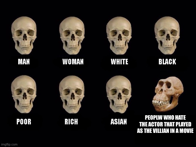 empty skulls of truth | PEOPLW WHO HATE THE ACTOR THAT PLAYED AS THE VILLIAN IN A MOVIE | image tagged in empty skulls of truth,memes,villain,funny,idiot skull,oh no hes stupid | made w/ Imgflip meme maker