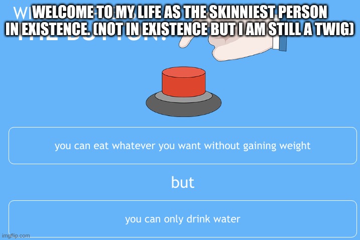 WELCOME TO MY LIFE AS THE SKINNIEST PERSON IN EXISTENCE. (NOT IN EXISTENCE BUT I AM STILL A TWIG) | image tagged in unfunny | made w/ Imgflip meme maker