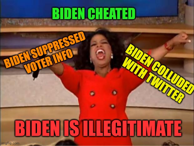 Oprah You Get A Meme | BIDEN CHEATED; BIDEN SUPPRESSED VOTER INFO; BIDEN COLLUDED WITH TWITTER; BIDEN IS ILLEGITIMATE | image tagged in memes,oprah you get a | made w/ Imgflip meme maker
