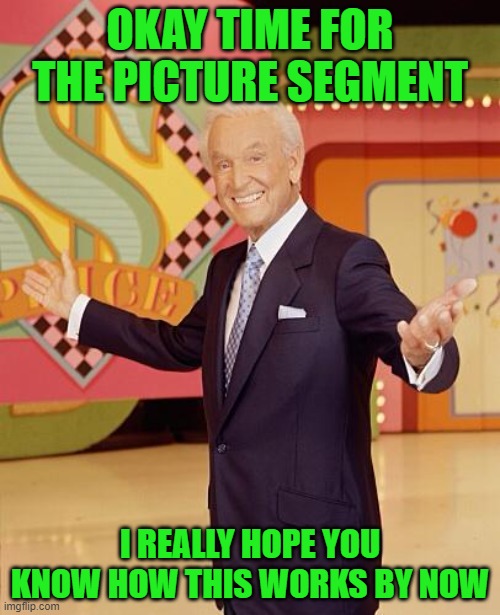 Game show  | OKAY TIME FOR THE PICTURE SEGMENT; I REALLY HOPE YOU KNOW HOW THIS WORKS BY NOW | image tagged in game show | made w/ Imgflip meme maker