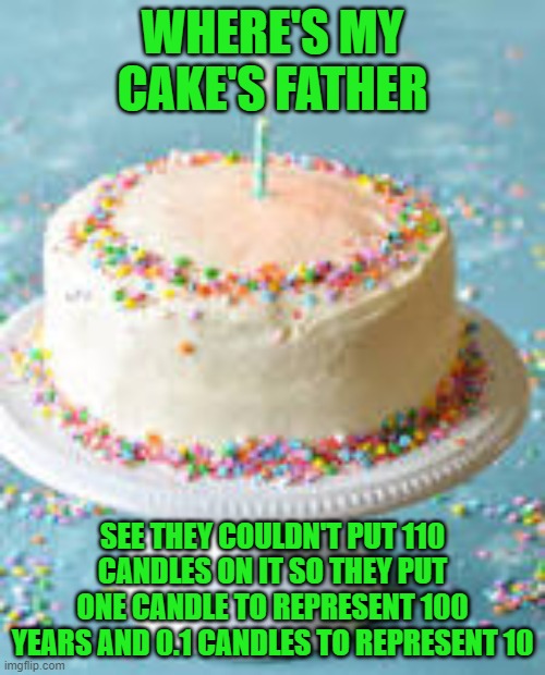 WHERE'S MY CAKE'S FATHER; SEE THEY COULDN'T PUT 110 CANDLES ON IT SO THEY PUT ONE CANDLE TO REPRESENT 100 YEARS AND 0.1 CANDLES TO REPRESENT 10 | made w/ Imgflip meme maker