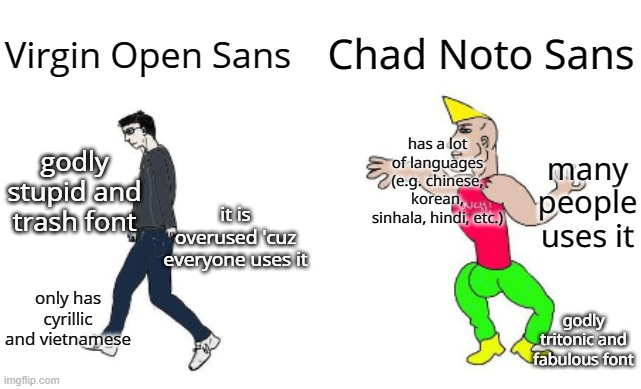 Open Sans font users are gonna hate this meme!!! | Chad Noto Sans; Virgin Open Sans; has a lot of languages (e.g. chinese, korean, sinhala, hindi, etc.); many people uses it; godly stupid and trash font; it is overused 'cuz everyone uses it; only has cyrillic and vietnamese; godly tritonic and fabulous font | image tagged in virgin vs chad | made w/ Imgflip meme maker