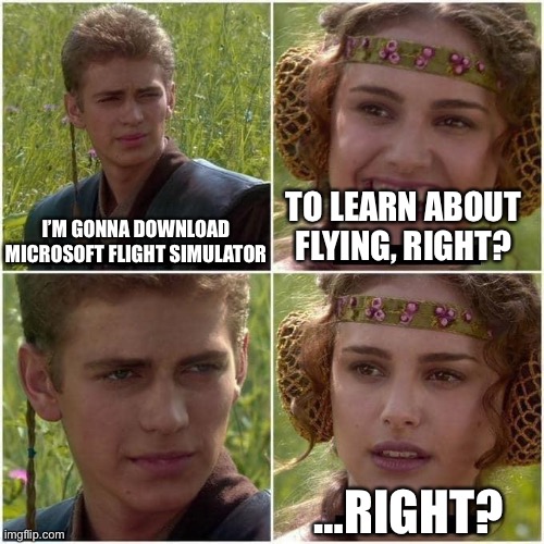 The OG memes | I’M GONNA DOWNLOAD MICROSOFT FLIGHT SIMULATOR; TO LEARN ABOUT FLYING, RIGHT? …RIGHT? | image tagged in anakin and padme,balls,og,memes | made w/ Imgflip meme maker