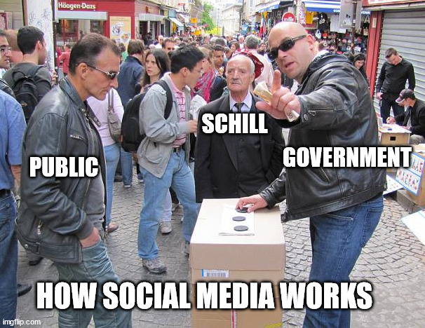 Twittergate in a Nutshell | SCHILL; GOVERNMENT; PUBLIC; HOW SOCIAL MEDIA WORKS | image tagged in twittergate | made w/ Imgflip meme maker