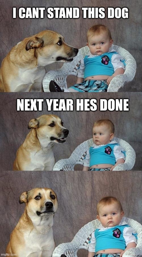 Dad Joke Dog | I CANT STAND THIS DOG; NEXT YEAR HES DONE | image tagged in memes,dad joke dog | made w/ Imgflip meme maker