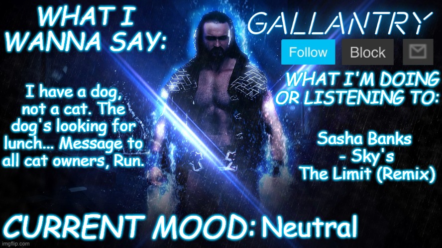/j | I have a dog, not a cat. The dog's looking for lunch... Message to all cat owners, Run. Sasha Banks 
- Sky's The Limit (Remix); Neutral | image tagged in gallantry announcement temp | made w/ Imgflip meme maker