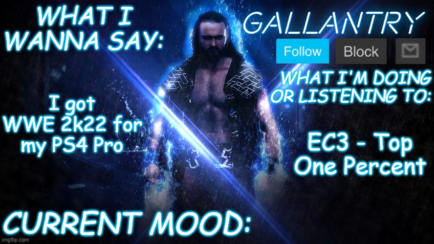 Gallantry Announcement temp | I got WWE 2k22 for my PS4 Pro; EC3 - Top One Percent | image tagged in gallantry announcement temp | made w/ Imgflip meme maker