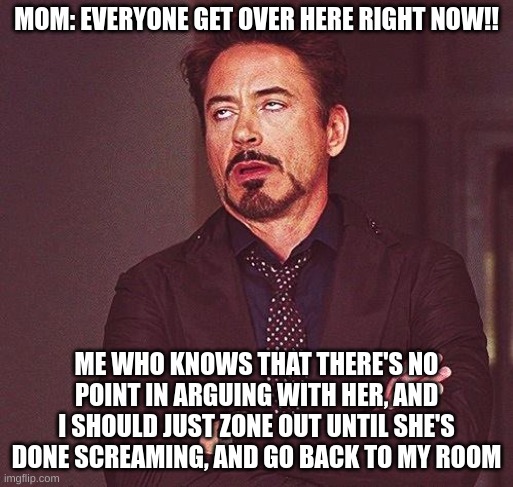 Robert Downey Jr Annoyed | MOM: EVERYONE GET OVER HERE RIGHT NOW!! ME WHO KNOWS THAT THERE'S NO POINT IN ARGUING WITH HER, AND I SHOULD JUST ZONE OUT UNTIL SHE'S DONE SCREAMING, AND GO BACK TO MY ROOM | image tagged in robert downey jr annoyed | made w/ Imgflip meme maker