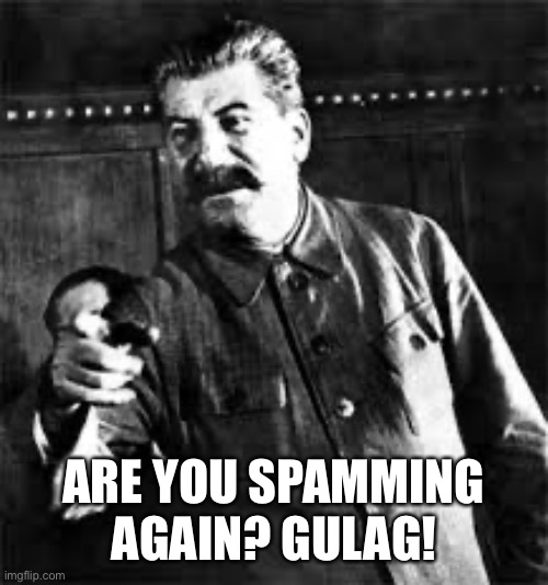 joseph stalin go to gulag | ARE YOU SPAMMING AGAIN? GULAG! | image tagged in joseph stalin go to gulag | made w/ Imgflip meme maker