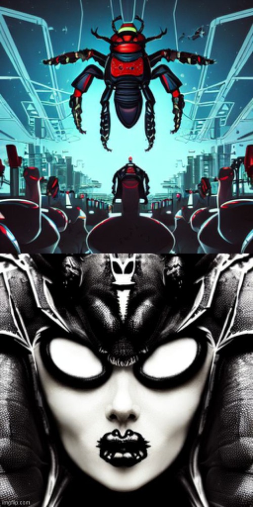 "Technocratic Eusocial Monarchy of Insectoids". Comic Book and Gothic lenses, respectively. AI generated. | image tagged in ai generated art,insects,gothic,comic book,empire,sci-fi | made w/ Imgflip meme maker