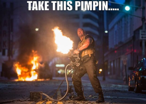 I'M JUST TRYING TO KEEP IT PEACEFUL AROUND HERE | TAKE THIS PIMPIN..... | image tagged in fast and furious 7 dwayne johnson gatling gun,meme | made w/ Imgflip meme maker