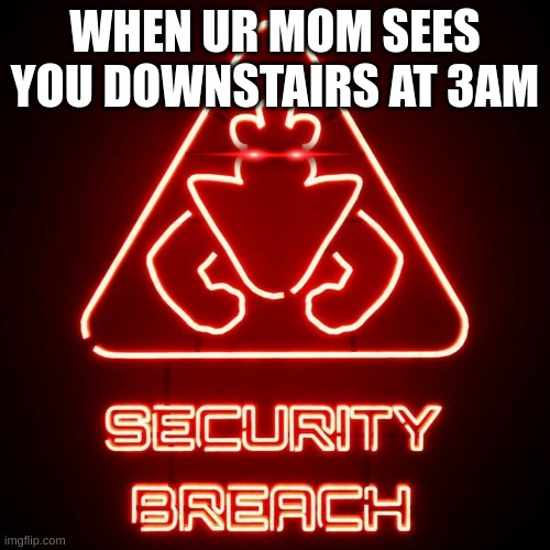 security breach | WHEN UR MOM SEES YOU DOWNSTAIRS AT 3AM | image tagged in security breach | made w/ Imgflip meme maker