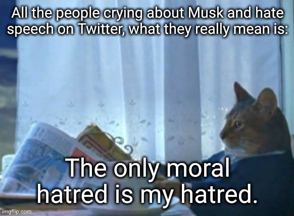 Ben Shapiro and I'll | All the people crying about Musk and hate speech on Twitter, what they really mean is:; The only moral hatred is my hatred. | image tagged in memes,i should buy a boat cat | made w/ Imgflip meme maker