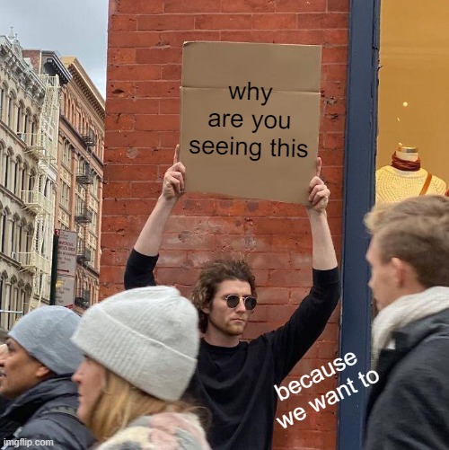 but why | why are you seeing this; because we want to | image tagged in memes,guy holding cardboard sign | made w/ Imgflip meme maker