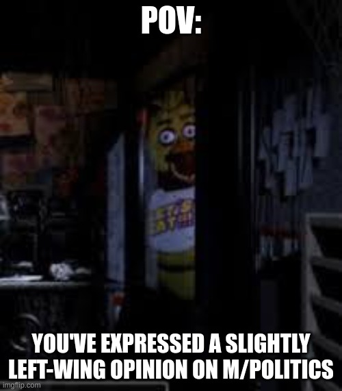 y tho | POV:; YOU'VE EXPRESSED A SLIGHTLY LEFT-WING OPINION ON M/POLITICS | image tagged in chica looking in window fnaf,free speech,freedom in murica,'murica,why | made w/ Imgflip meme maker