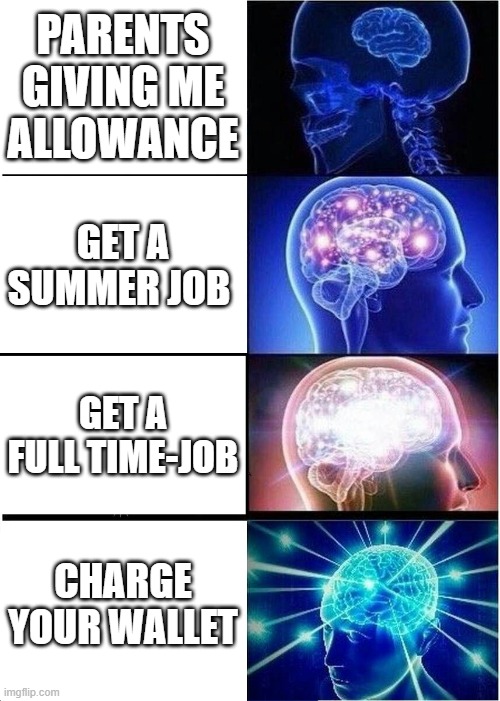 Money! | PARENTS GIVING ME ALLOWANCE; GET A SUMMER JOB; GET A FULL TIME-JOB; CHARGE YOUR WALLET | image tagged in memes,expanding brain | made w/ Imgflip meme maker