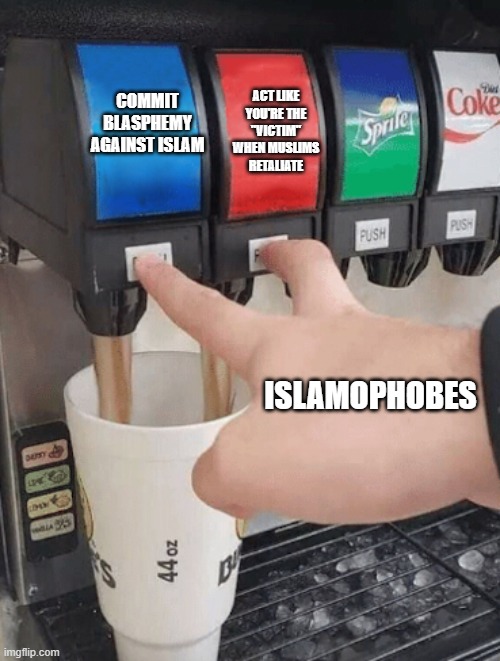 Islamophobes "Logic" and Hypocrisy | COMMIT BLASPHEMY AGAINST ISLAM; ACT LIKE YOU'RE THE
"VICTIM" WHEN MUSLIMS
RETALIATE; ISLAMOPHOBES | image tagged in pushing two soda buttons,blasphemy,islamophobia,victim,logic,hypocrisy,Izlam | made w/ Imgflip meme maker