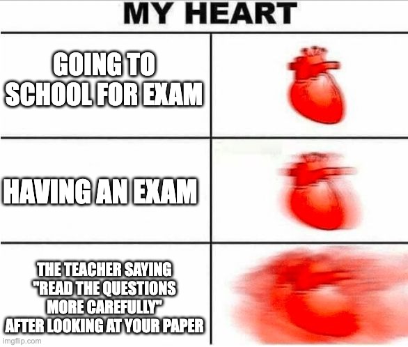 Heartbeat |  GOING TO SCHOOL FOR EXAM; HAVING AN EXAM; THE TEACHER SAYING "READ THE QUESTIONS MORE CAREFULLY" AFTER LOOKING AT YOUR PAPER | image tagged in heartbeat,school | made w/ Imgflip meme maker