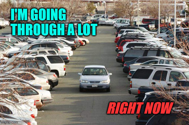Going through a lot |  I'M GOING 
THROUGH A LOT; RIGHT NOW | image tagged in crowded parking lot,cars | made w/ Imgflip meme maker