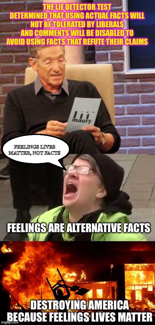 Feeling are alternative facts | THE LIE DETECTOR TEST DETERMINED THAT USING ACTUAL FACTS WILL NOT BE TOLERATED BY LIBERALS AND COMMENTS WILL BE DISABLED TO AVOID USING FACTS THAT REFUTE THEIR CLAIMS; FEELINGS LIVES MATTER, NOT FACTS; FEELINGS ARE ALTERNATIVE FACTS; DESTROYING AMERICA BECAUSE FEELINGS LIVES MATTER | image tagged in memes,maury lie detector,screaming liberal,on fire | made w/ Imgflip meme maker
