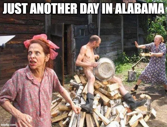 What in the Hillbilly | JUST ANOTHER DAY IN ALABAMA | image tagged in dark humor | made w/ Imgflip meme maker