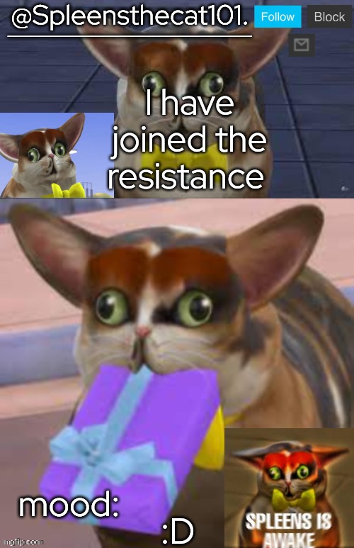 Hi | I have joined the resistance; :D | image tagged in spleensthecat101 | made w/ Imgflip meme maker