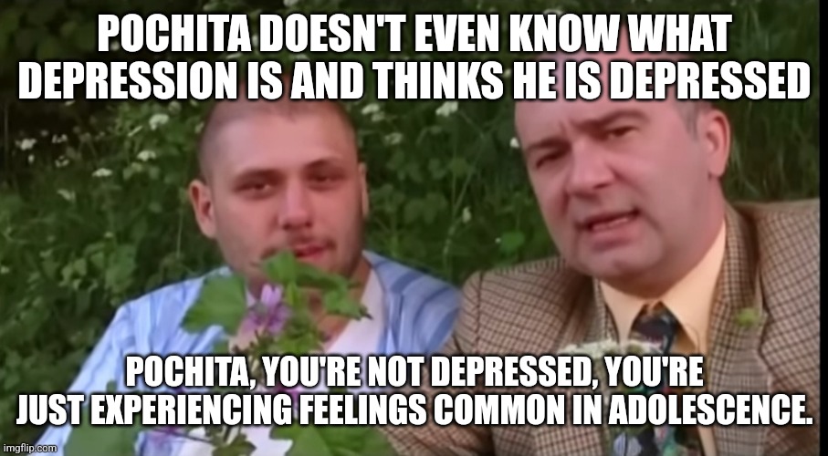 Typical teenager (this) | POCHITA DOESN'T EVEN KNOW WHAT DEPRESSION IS AND THINKS HE IS DEPRESSED; POCHITA, YOU'RE NOT DEPRESSED, YOU'RE JUST EXPERIENCING FEELINGS COMMON IN ADOLESCENCE. | image tagged in green screen bois | made w/ Imgflip meme maker