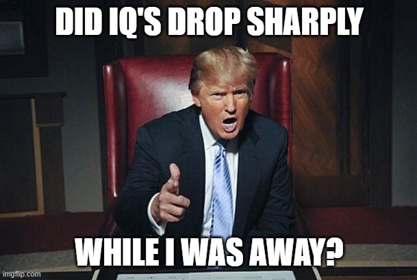 Donald Trump You're Fired | DID IQ'S DROP SHARPLY WHILE I WAS AWAY? | image tagged in donald trump you're fired | made w/ Imgflip meme maker