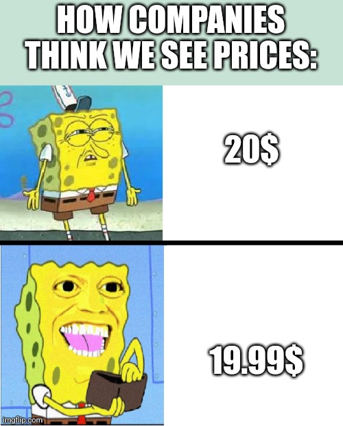 Money | HOW COMPANIES THINK WE SEE PRICES:; 20$; 19.99$ | image tagged in spongebob money meme,memes | made w/ Imgflip meme maker