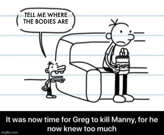 It was now time for Greg to kill manny, for he now knew too much | TELL ME WHERE THE BODIES ARE | image tagged in it was now time for greg to kill manny for he now knew too much | made w/ Imgflip meme maker