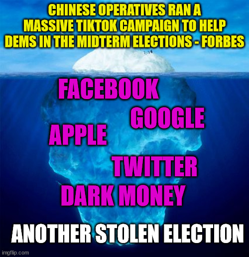 Same old same old... | CHINESE OPERATIVES RAN A MASSIVE TIKTOK CAMPAIGN TO HELP DEMS IN THE MIDTERM ELECTIONS - FORBES; FACEBOOK; GOOGLE; APPLE; TWITTER; DARK MONEY; ANOTHER STOLEN ELECTION | image tagged in iceberg,democrats,cheating | made w/ Imgflip meme maker