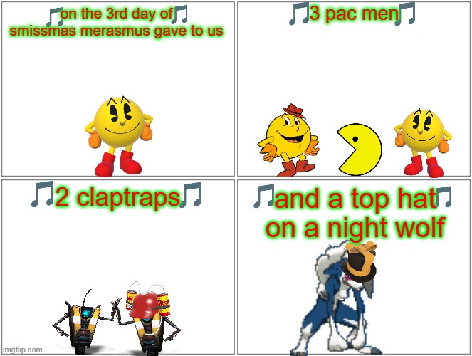 12 days of smissmas day 3 | 3 pac men; on the 3rd day of smissmas merasmus gave to us; 2 claptraps; and a top hat on a night wolf | image tagged in memes,blank comic panel 2x2,tf2,wolves,borderlands,pac man | made w/ Imgflip meme maker