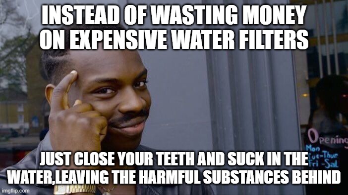 Roll Safe Think About It | INSTEAD OF WASTING MONEY ON EXPENSIVE WATER FILTERS; JUST CLOSE YOUR TEETH AND SUCK IN THE WATER,LEAVING THE HARMFUL SUBSTANCES BEHIND | image tagged in memes,roll safe think about it | made w/ Imgflip meme maker